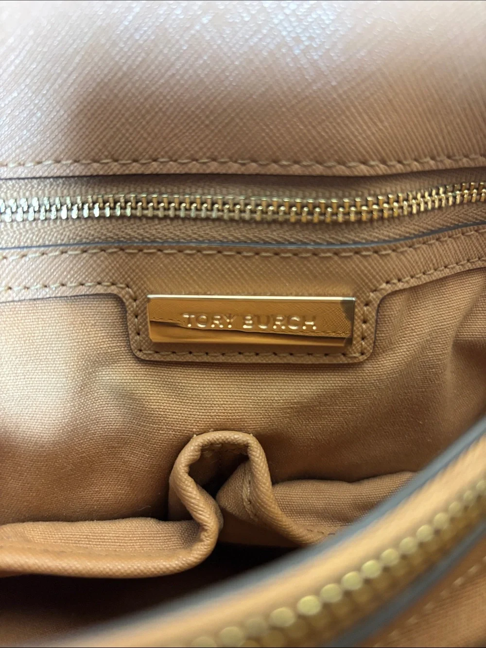 Tory Burch Tan Saffiano Leather Tote with Gold Logo 14.5”x11”x5.5”